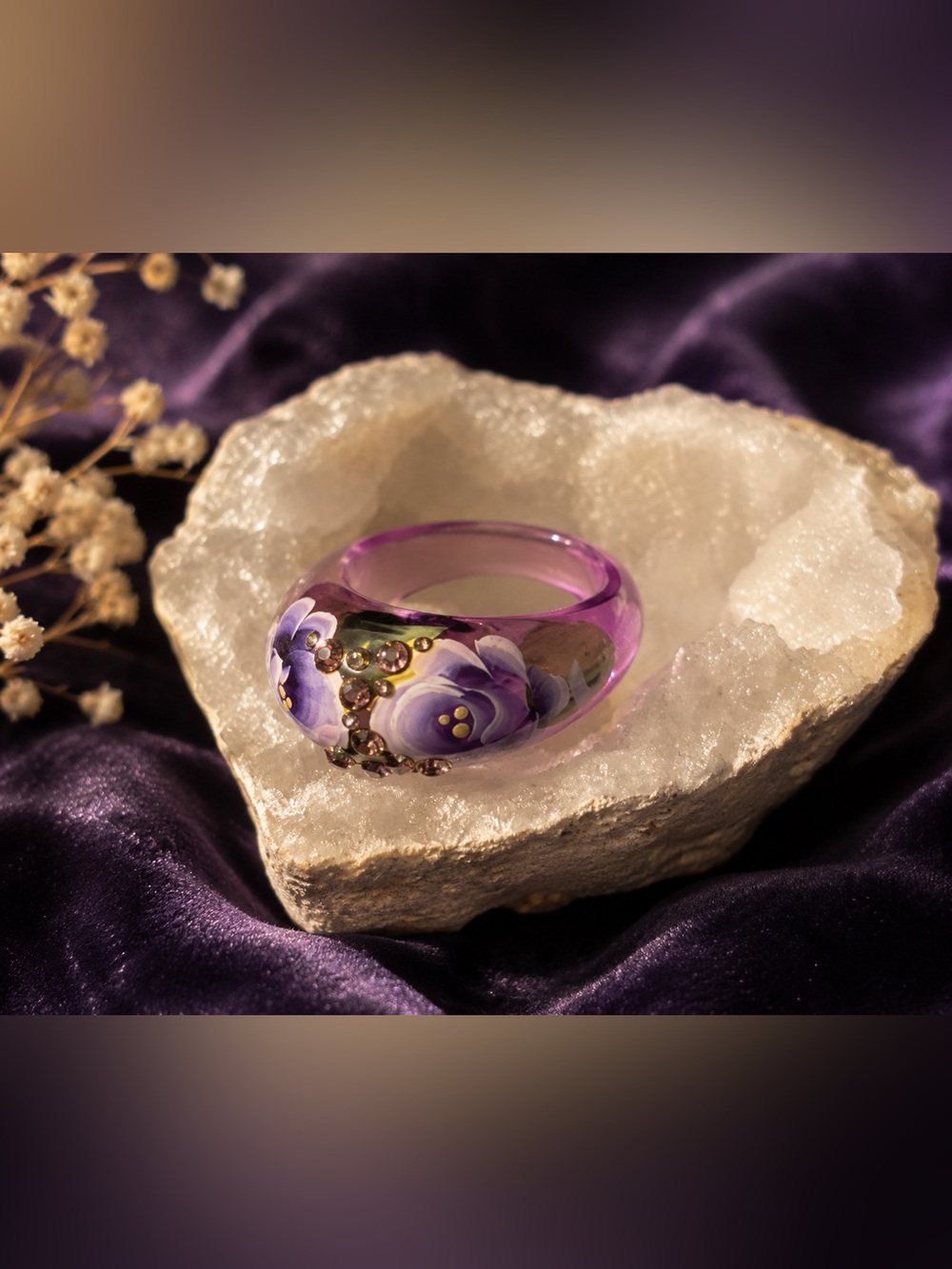 Artisan Lampwork Glass Rose Ring • Purple Rhinestone Floral Statement • Size 7
